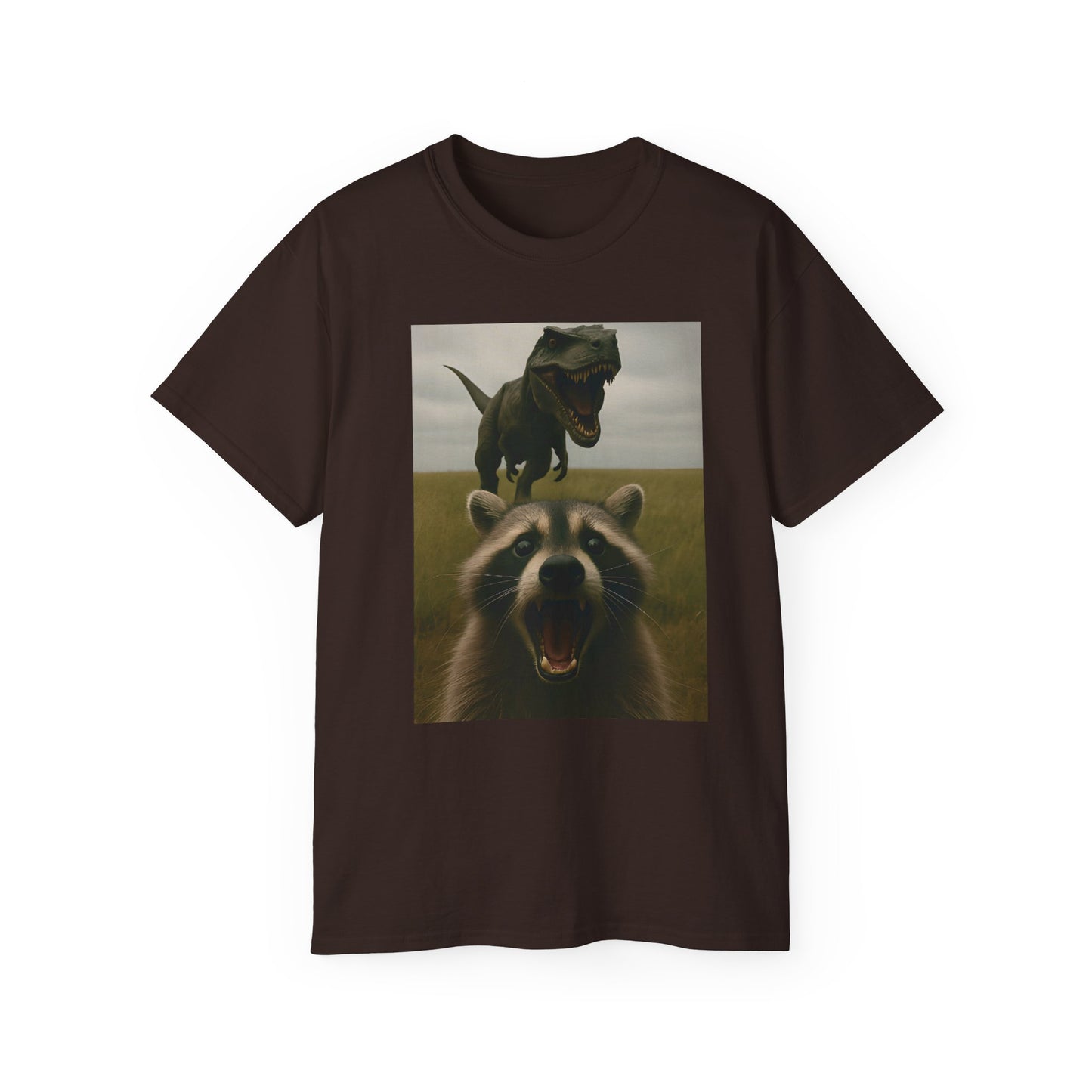 Funny Raccoon & Dinosaur Selfie Tee - Fun Graphic T-Shirt, Cute Animal Shirt, Unisex Casual Wear, Gift for Pet Lovers, Quirky Humor Apparel