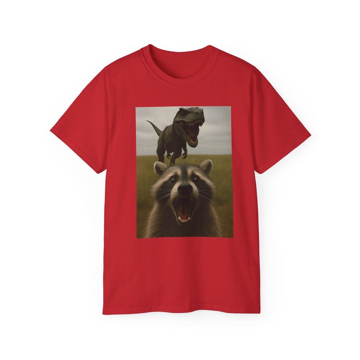 Funny Raccoon & Dinosaur Selfie Tee - Fun Graphic T-Shirt, Cute Animal Shirt, Unisex Casual Wear, Gift for Pet Lovers, Quirky Humor Apparel