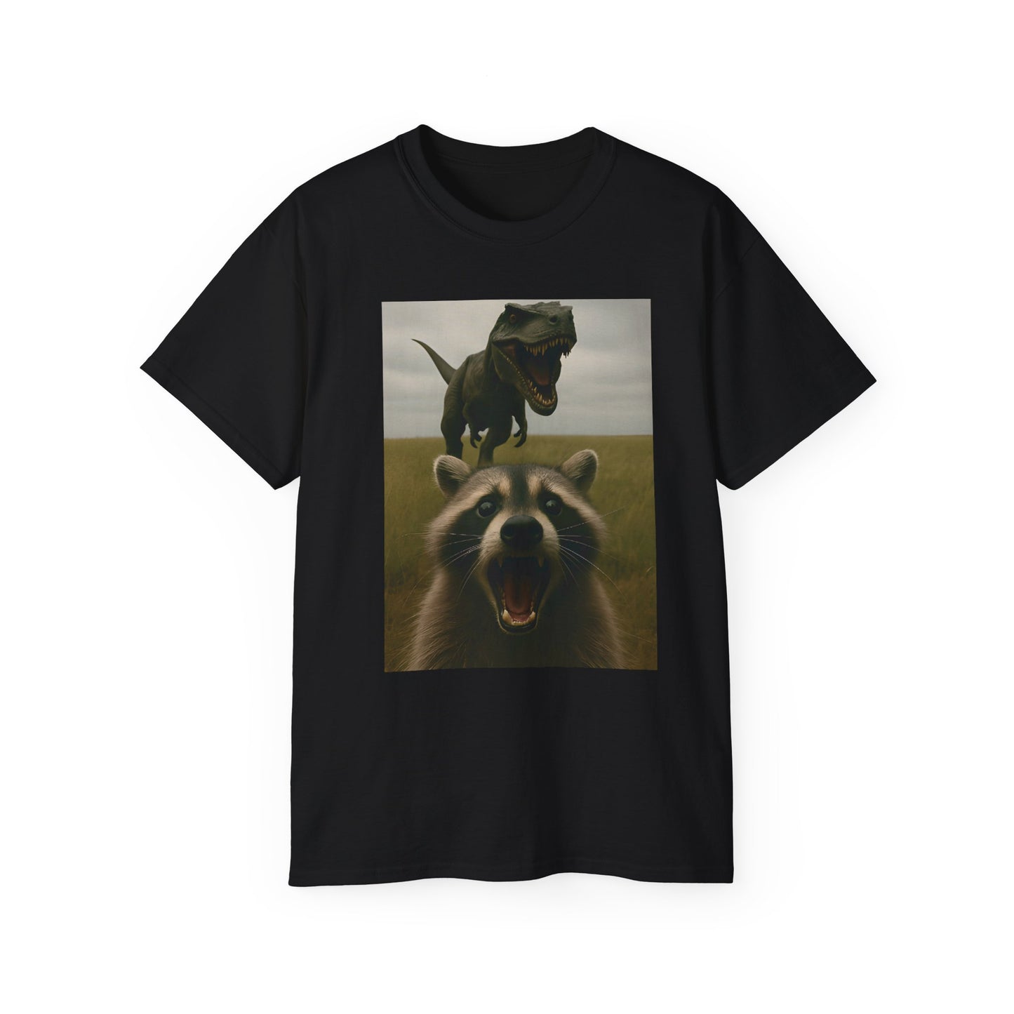 Funny Raccoon & Dinosaur Selfie Tee - Fun Graphic T-Shirt, Cute Animal Shirt, Unisex Casual Wear, Gift for Pet Lovers, Quirky Humor Apparel