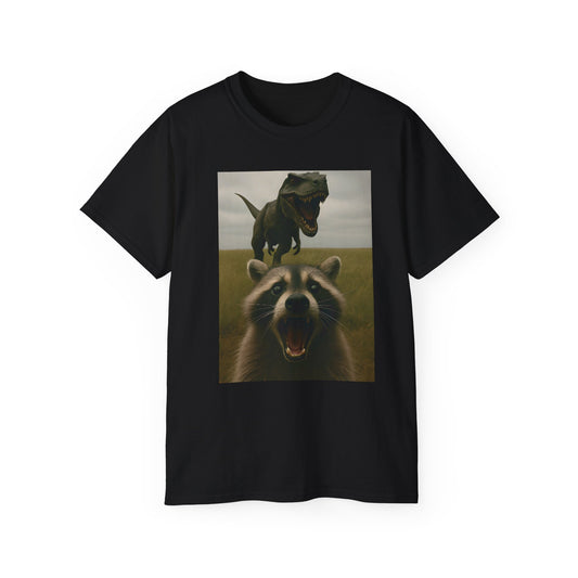 Funny Raccoon & Dinosaur Selfie Tee - Fun Graphic T-Shirt, Cute Animal Shirt, Unisex Casual Wear, Gift for Pet Lovers, Quirky Humor Apparel