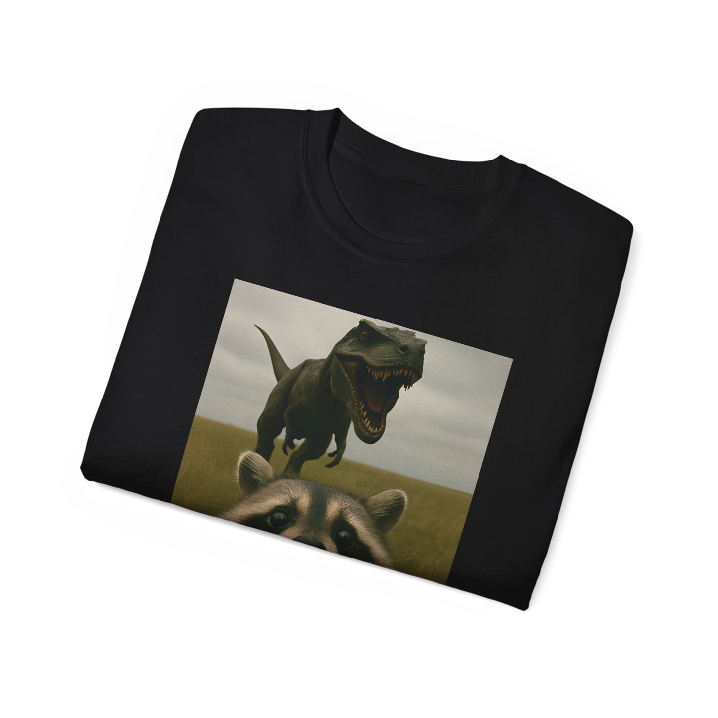 Funny Raccoon & Dinosaur Selfie Tee - Fun Graphic T-Shirt, Cute Animal Shirt, Unisex Casual Wear, Gift for Pet Lovers, Quirky Humor Apparel