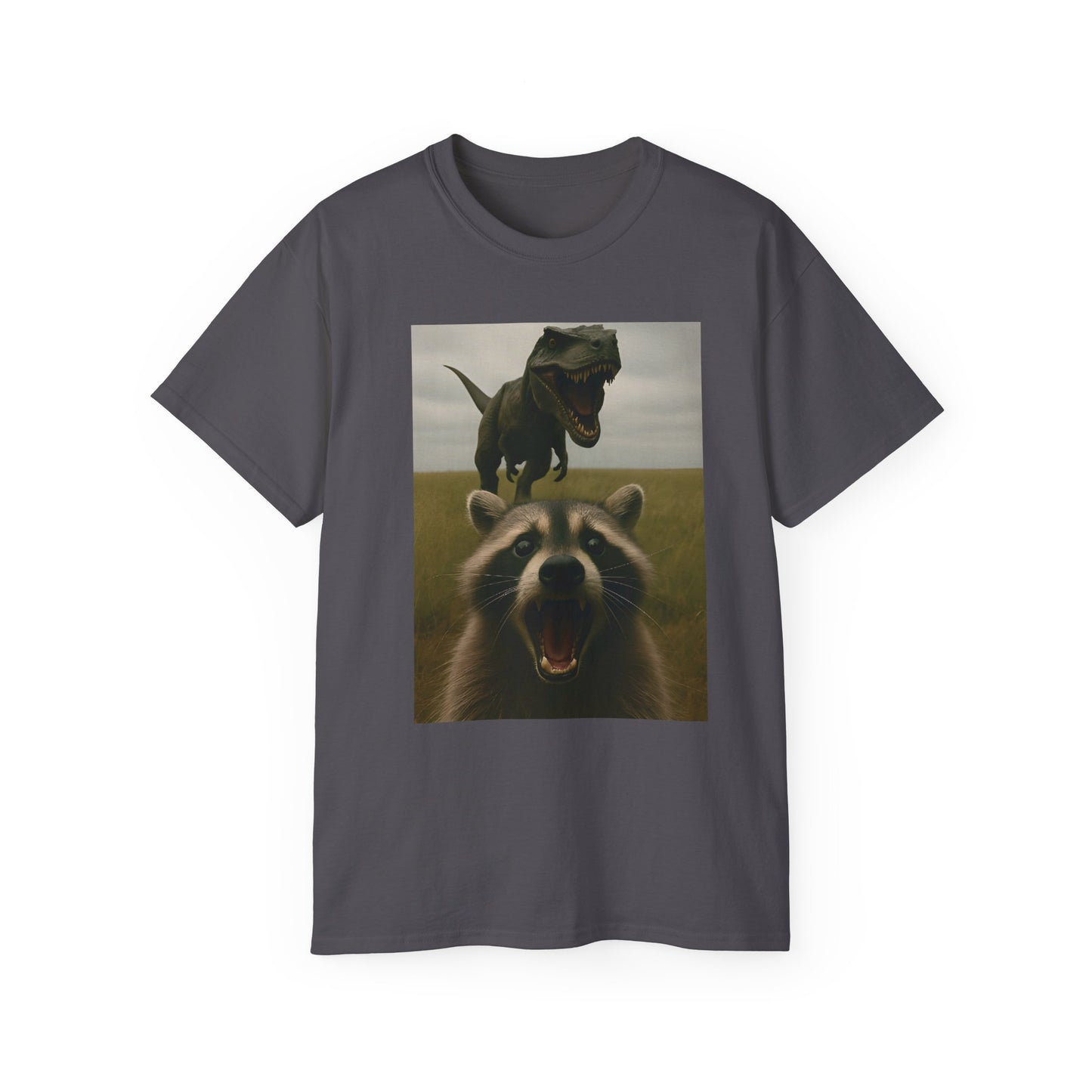 Funny Raccoon & Dinosaur Selfie Tee - Fun Graphic T-Shirt, Cute Animal Shirt, Unisex Casual Wear, Gift for Pet Lovers, Quirky Humor Apparel