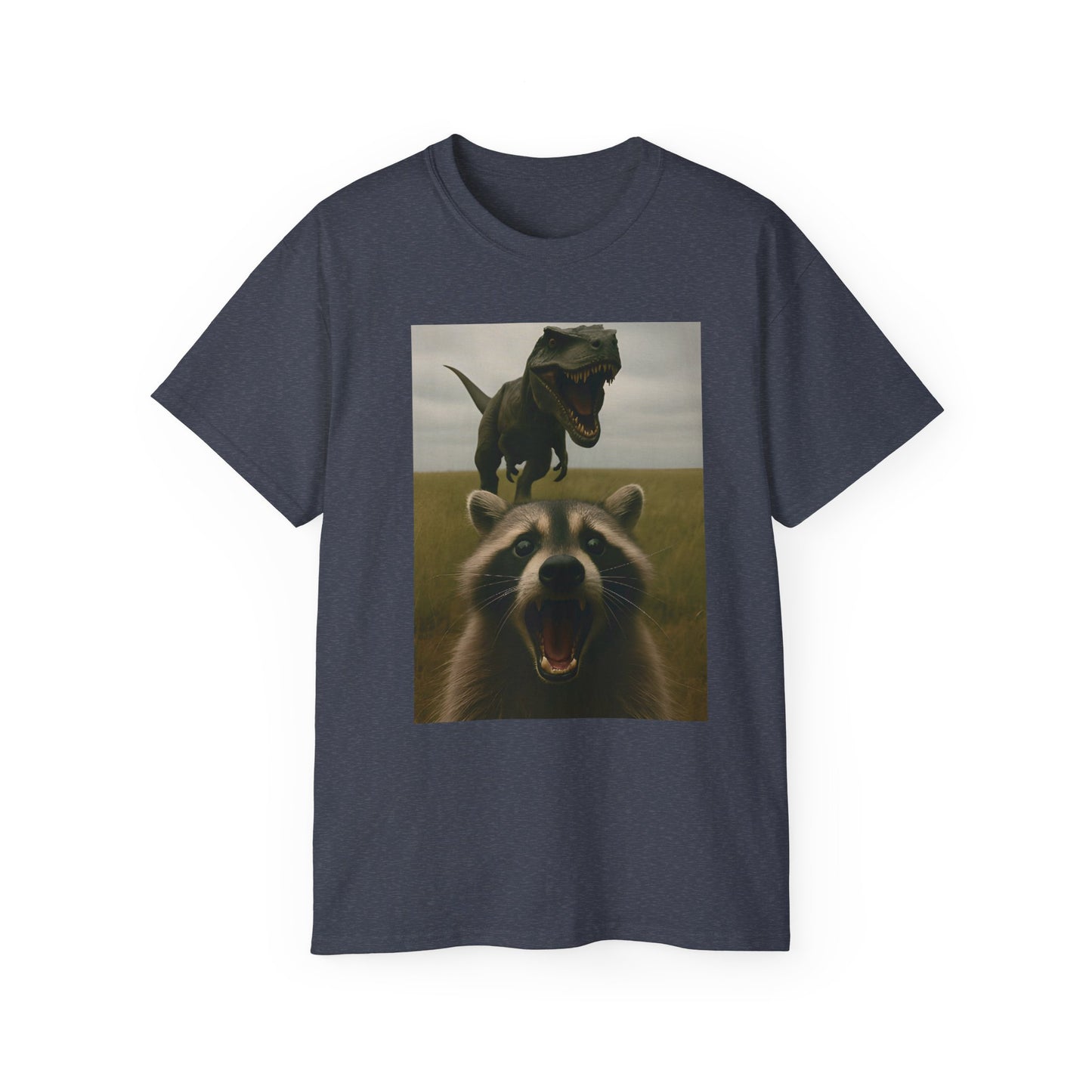 Funny Raccoon & Dinosaur Selfie Tee - Fun Graphic T-Shirt, Cute Animal Shirt, Unisex Casual Wear, Gift for Pet Lovers, Quirky Humor Apparel