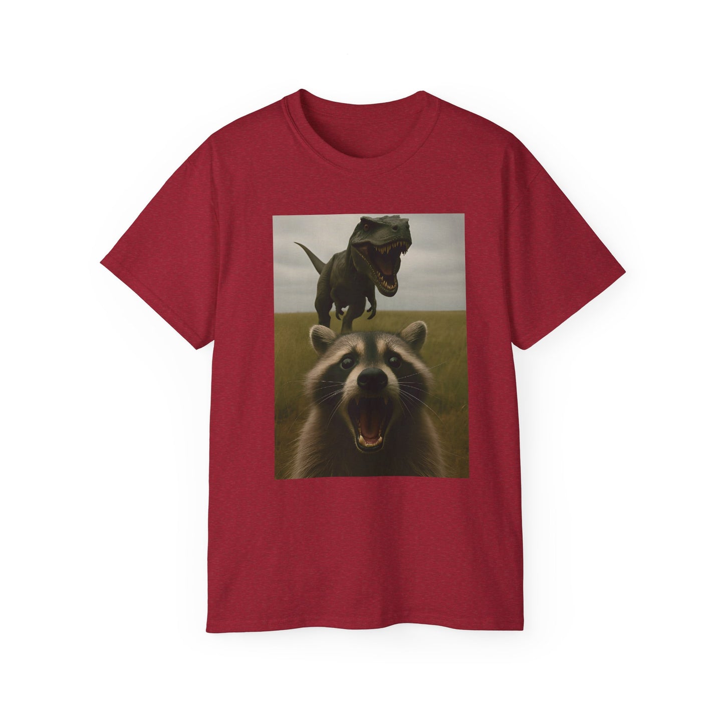 Funny Raccoon & Dinosaur Selfie Tee - Fun Graphic T-Shirt, Cute Animal Shirt, Unisex Casual Wear, Gift for Pet Lovers, Quirky Humor Apparel