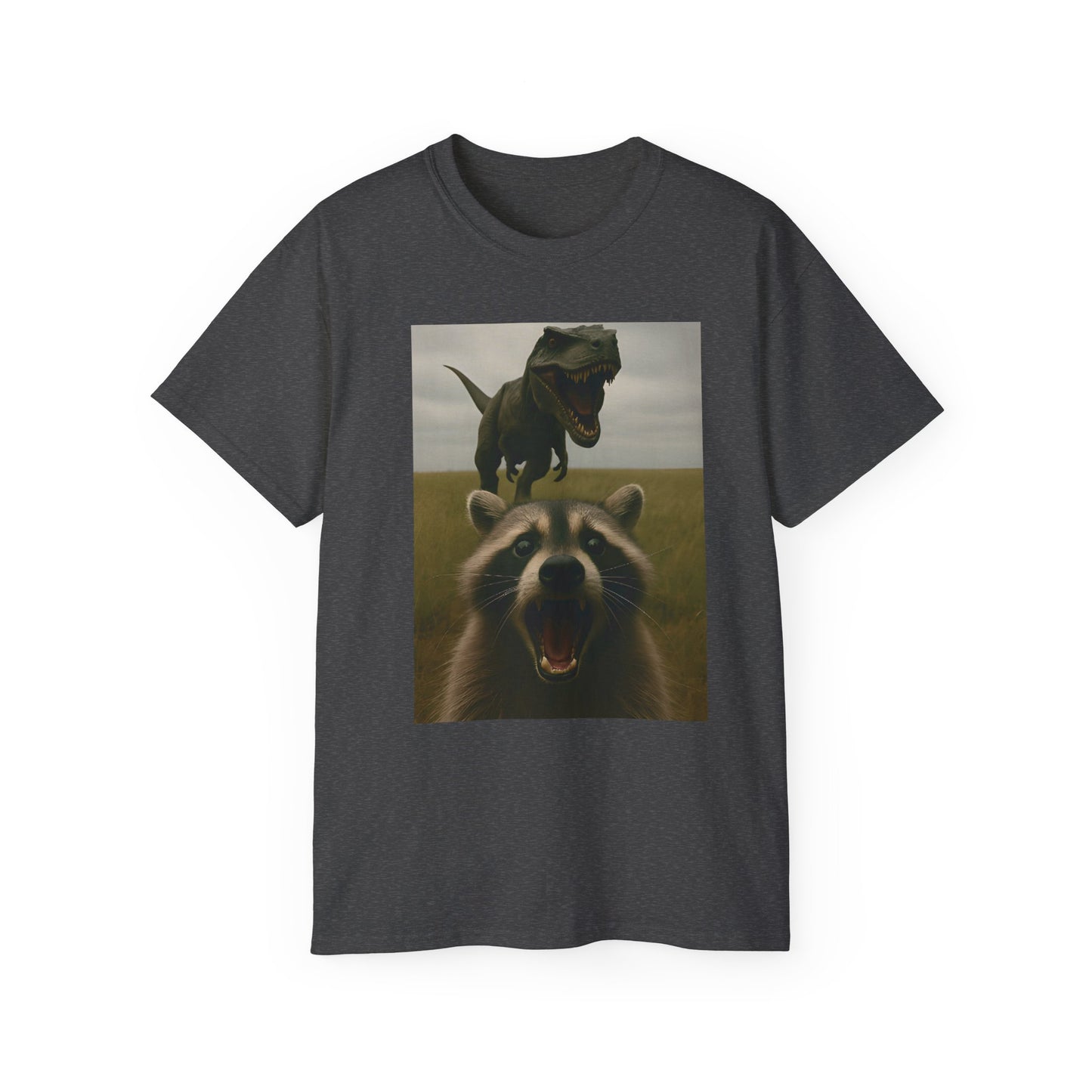 Funny Raccoon & Dinosaur Selfie Tee - Fun Graphic T-Shirt, Cute Animal Shirt, Unisex Casual Wear, Gift for Pet Lovers, Quirky Humor Apparel