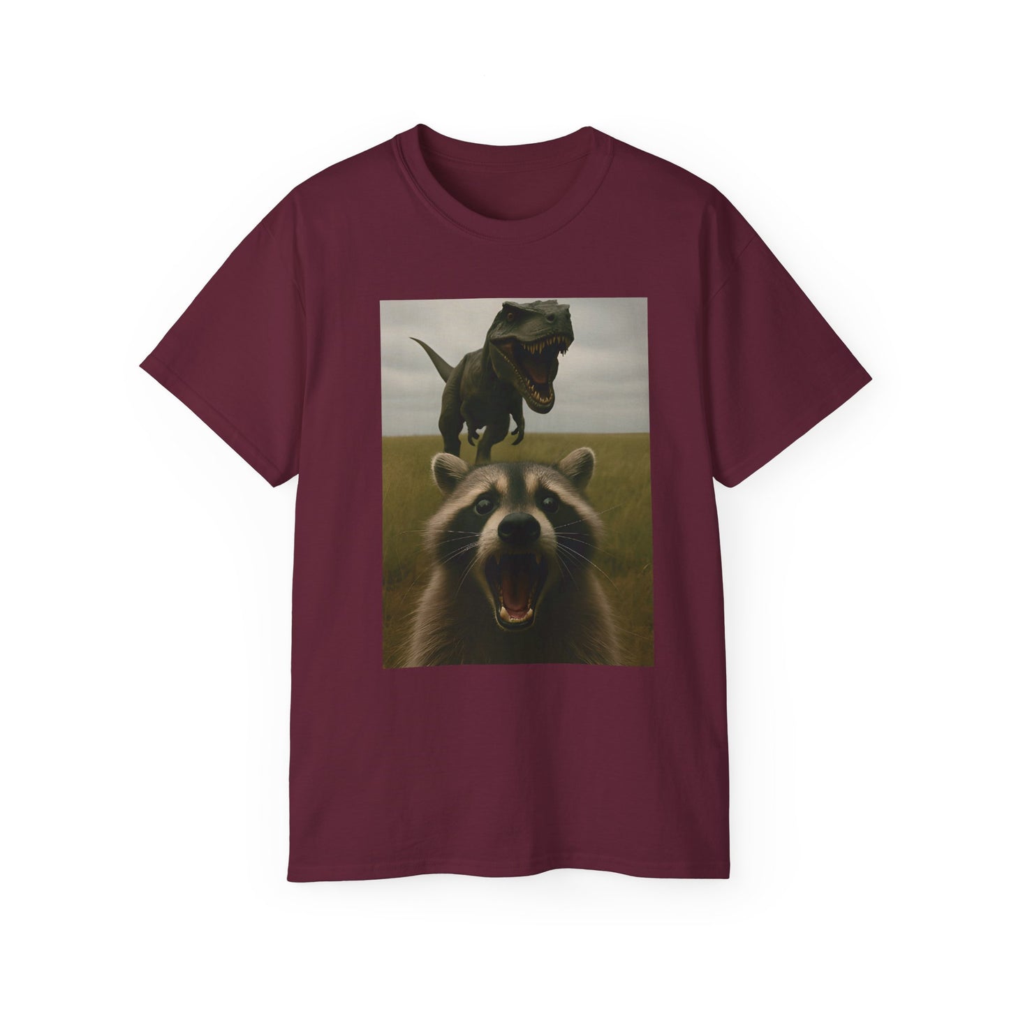 Funny Raccoon & Dinosaur Selfie Tee - Fun Graphic T-Shirt, Cute Animal Shirt, Unisex Casual Wear, Gift for Pet Lovers, Quirky Humor Apparel