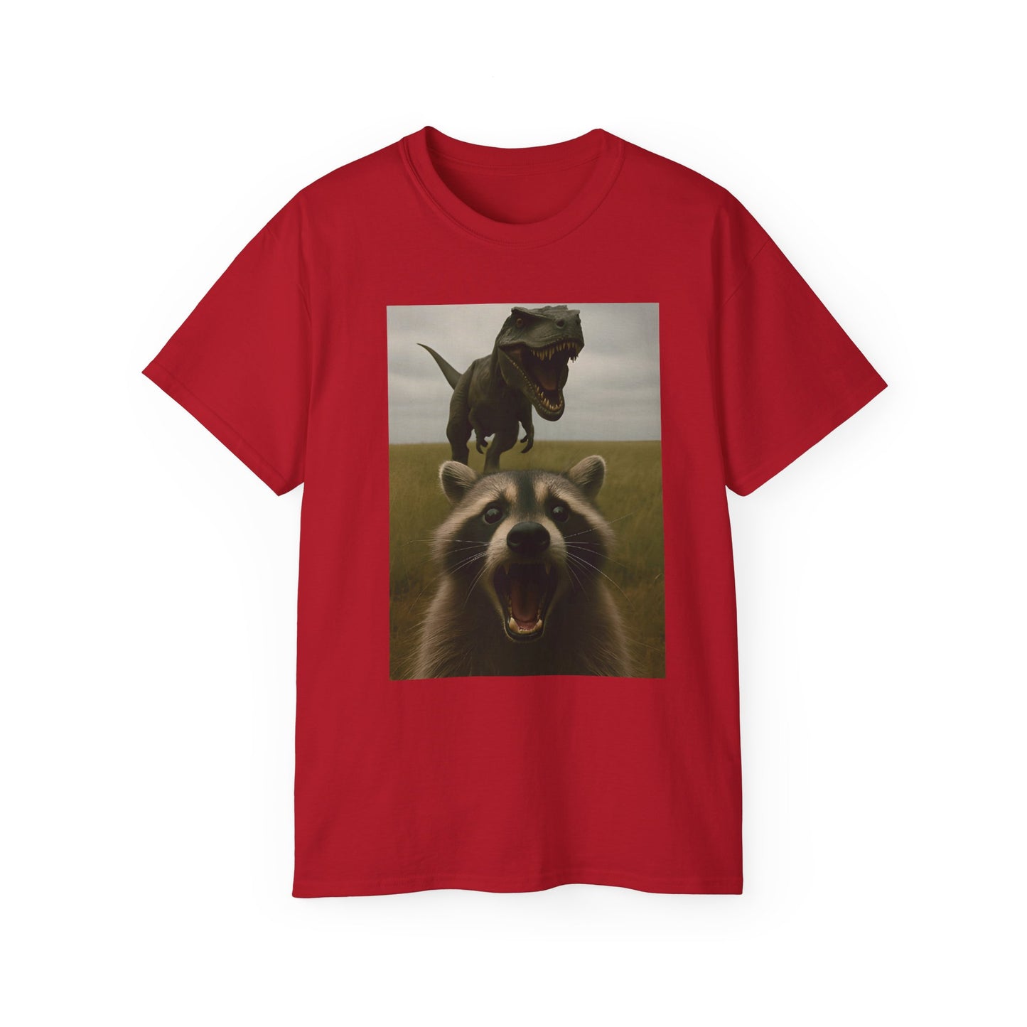 Funny Raccoon & Dinosaur Selfie Tee - Fun Graphic T-Shirt, Cute Animal Shirt, Unisex Casual Wear, Gift for Pet Lovers, Quirky Humor Apparel
