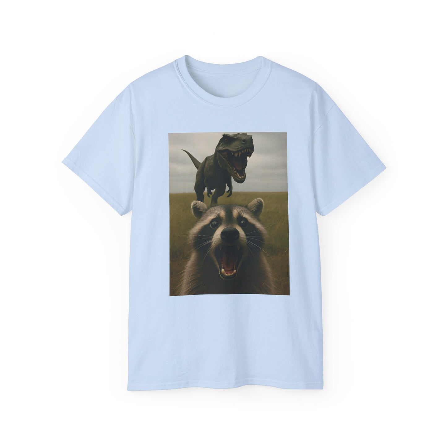 Funny Raccoon & Dinosaur Selfie Tee - Fun Graphic T-Shirt, Cute Animal Shirt, Unisex Casual Wear, Gift for Pet Lovers, Quirky Humor Apparel
