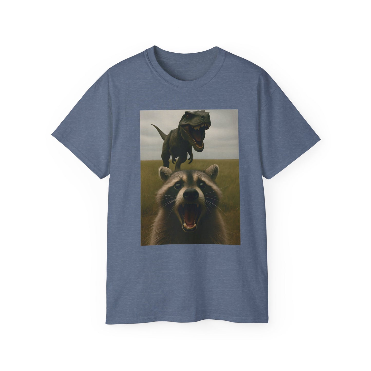 Funny Raccoon & Dinosaur Selfie Tee - Fun Graphic T-Shirt, Cute Animal Shirt, Unisex Casual Wear, Gift for Pet Lovers, Quirky Humor Apparel
