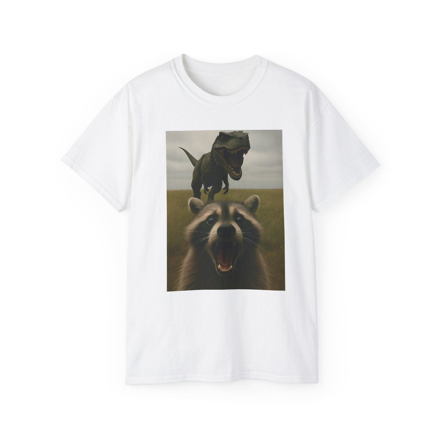 Funny Raccoon & Dinosaur Selfie Tee - Fun Graphic T-Shirt, Cute Animal Shirt, Unisex Casual Wear, Gift for Pet Lovers, Quirky Humor Apparel
